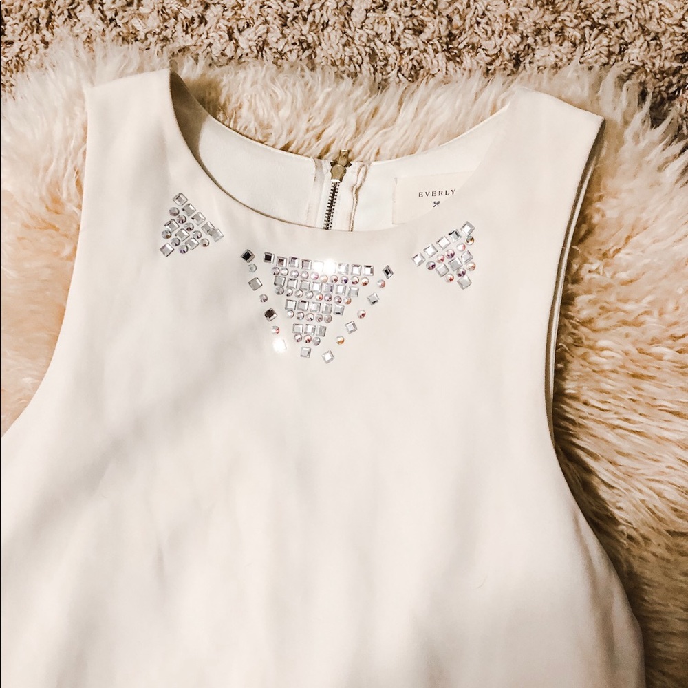 Everly Snow White Shift Dress-Jeweled Neck